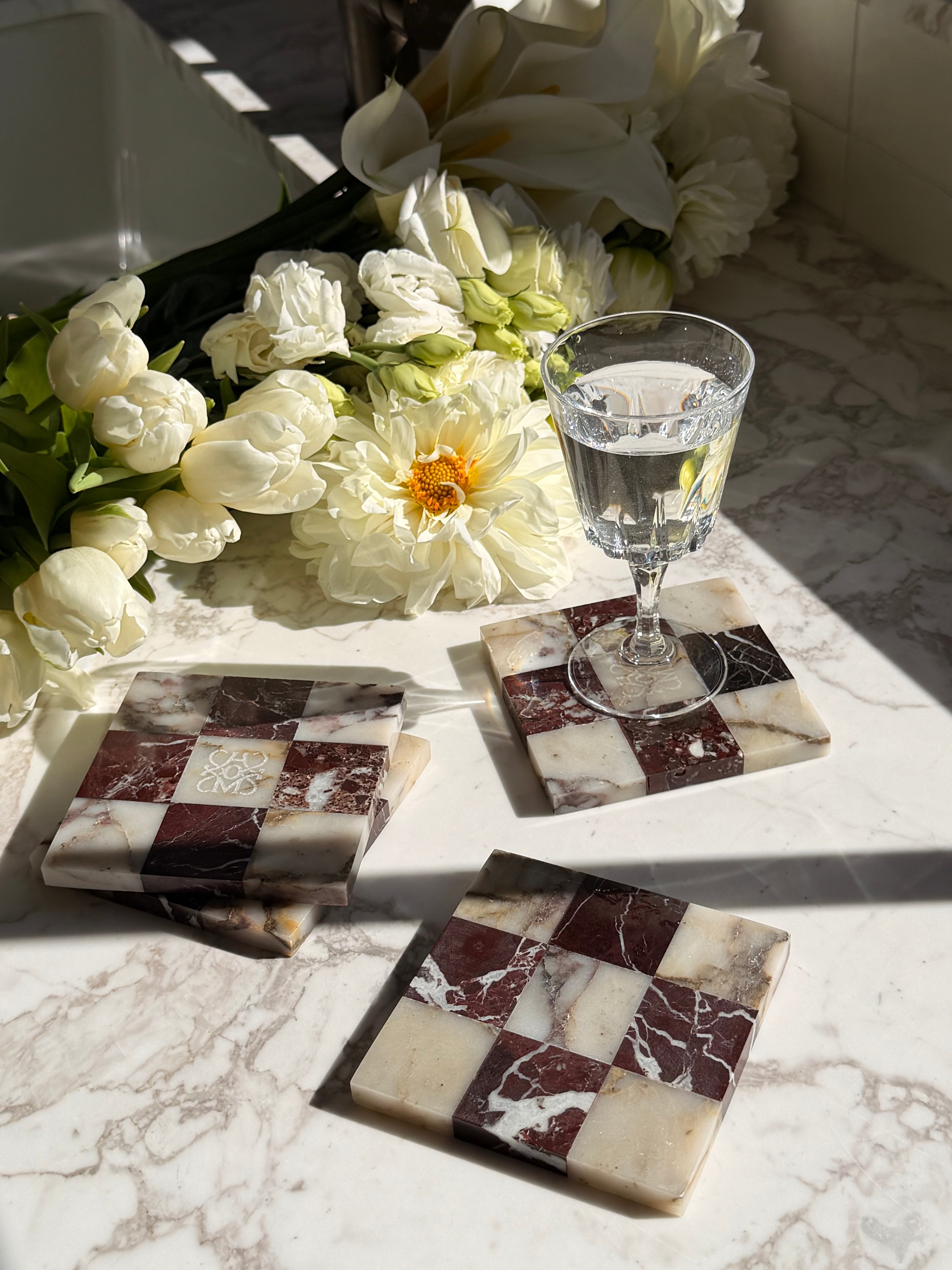 Shatranj Marble Coasters - Rosso Levanto x Calcatta Viola Marble