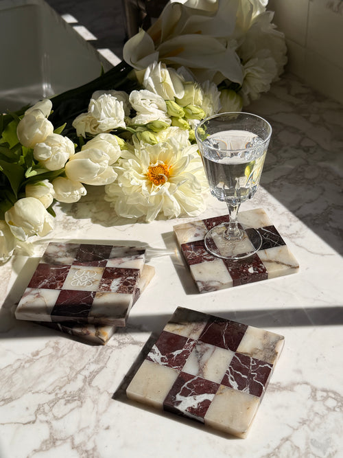 Shatranj Marble Coasters - Rosso Levanto x Calcatta Viola Marble