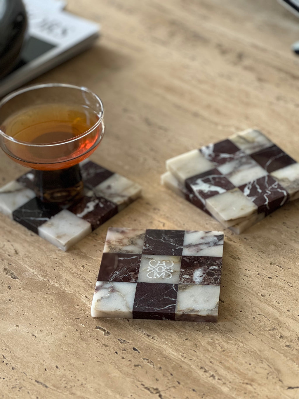 Shatranj Marble Coasters - Rosso Levanto x Calcatta Viola Marble